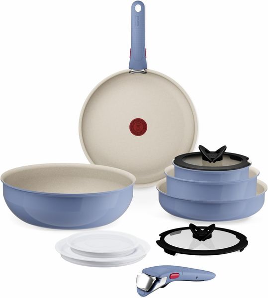 Tefal Ingenio Serenity Kochgeschirr-Set 11-teilig, Mineralia Antihaftversiegelung, platzsparend, stapelbar, für alle Herdarten, spülmaschinengeeignet, Blue Salt, L829SB04