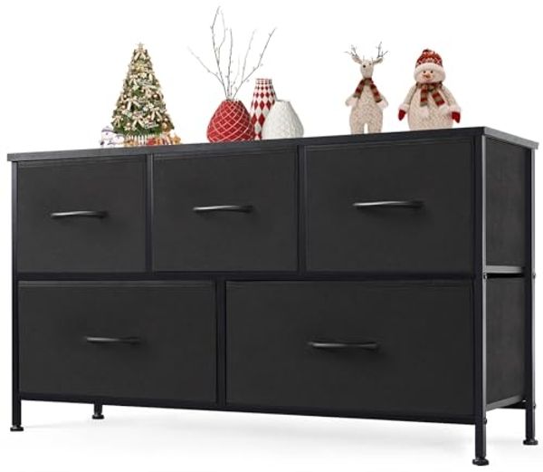 Sweetcrispy Kommode mit 5 Schubladen, Stoff Schubladenschrank, Schmal Schrank, Kommode Schlafzimmer, Industrial Stil für Wohnzimmer, Kinderzimmer, Flur Aufbewahrungsschrank, Schwarz