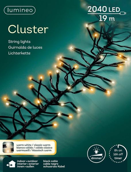 Lumineo LED-Lichterkette Lumineo Lichterkette CLUSTER 2040 LED 19 m, warm weiß + klassisch warm, Dimmbar, 8h-Timer, Indoor/Outdoor, 2 Farben, 1,8-2,1 m