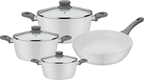 GSW Topf-Set Fiona, Aluminium (Set, 7-tlg, je 1 Kochtopf Ø 16/20/24 cm, 1x Schmorpfanne Ø 24 cm), weiß mit Softtouch-Griff kratzfeste ILAG® CERAMICVeredelung, Induktion