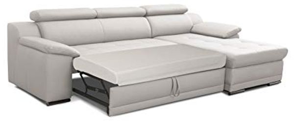CAVADORE Schlafsofa Aniamo in Leder / Ecksofa mit Schlaffunktion, Kopfteilverstellung und großem Longchair / 270 x 80 x 165 / Kunstleder, Weiß Bild 4