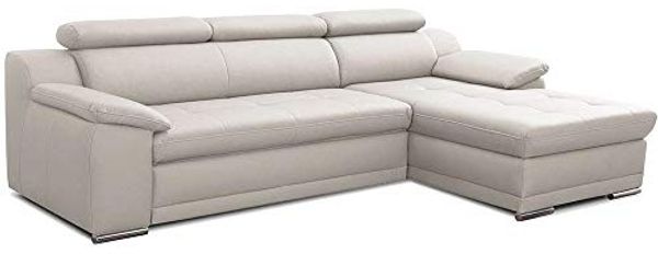CAVADORE Schlafsofa Aniamo in Leder / Ecksofa mit Schlaffunktion, Kopfteilverstellung und großem Longchair / 270 x 80 x 165 / Kunstleder, Weiß
