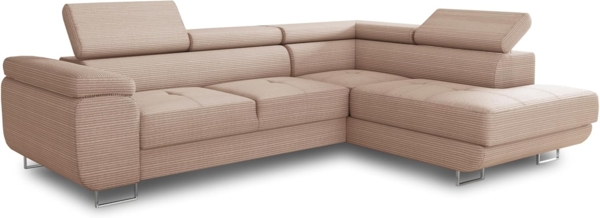 Ecksofa Caris mit Schlaffunktion und einstellbare Kopfstützen, Cord Stoff, Wohnlandschaft mit Bettkasten, Couch, Sofa, Bettsofa (Pink (Poso 052), Ecksofa Rechts)