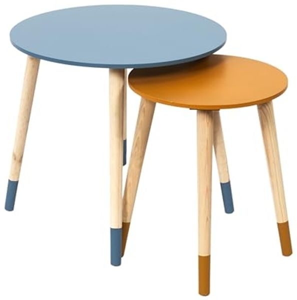THE HOME DECO FACTORY Couchtische, rund, zweifarbig, Blau, Gelb, 2 Stück, Holzwerkstoff Kiefer, Small 33x40 cm-Tall 43x48 cm
