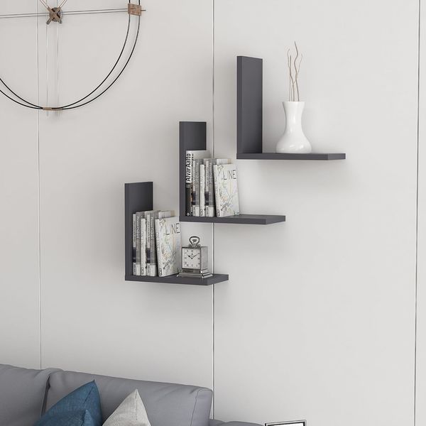 Hanah Home Stylish Wall Shelf, Anthracite, 30 x 16 x 11 cm | 100% Melamine Coated Particle Board, 18 mm Thick | Versatile Design with Multiple Shelves, Space-Saving Solution