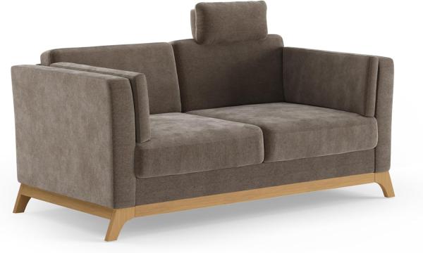 Cavadore 2,5er-Sofa Vida / 2,5-Sitzer Couch im trendigen Design mit massivem Holzrahmen in Eiche, Kopfstütze mit Kuschelkissen / 183 x 84 x 93 / Mikrofaser, Graubraun