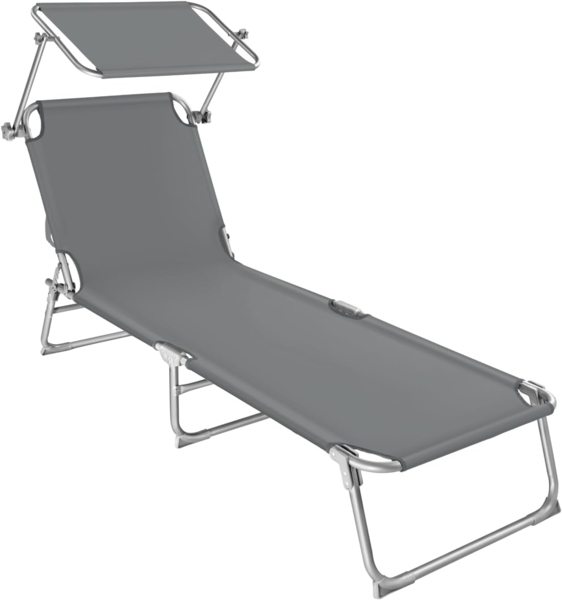 tectake Liegestuhl Garten mit Sonnenschutz, Gartenliege klappbar, Balkon oder Terrassen Liege mit Verstellbarer Rückenlehne, Strandliege mit Sonnendach, bis zu 110 kg belastbar - blau - grau