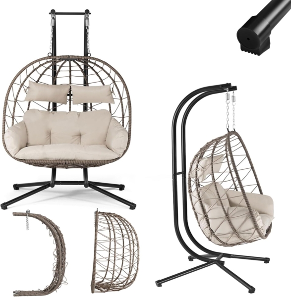 Juskys Doppelhängesessel Aria - Polyrattan Hängesessel mit Gestell & Kissen - Schaukel für zwei Personen - Outdoor Indoor Sessel - XXL Korb Beige