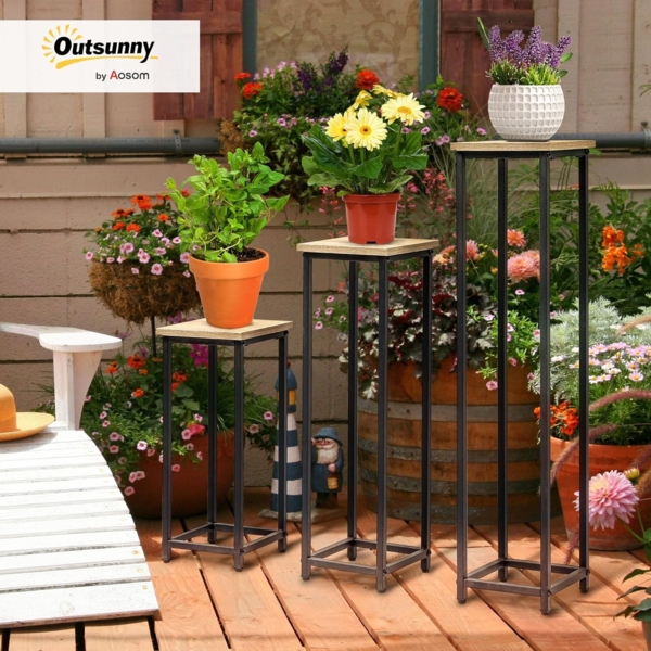 Outsunny Blumenständer Blumentopfhalter im Industriedesign (Pflanzenhocker, 3 St, Blumenständer), für Garten Balkon Schwarz+Natur Bild 2