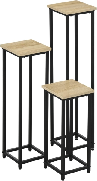 Outsunny Blumenständer Blumentopfhalter im Industriedesign (Pflanzenhocker, 3 St, Blumenständer), für Garten Balkon Schwarz+Natur Bild 6