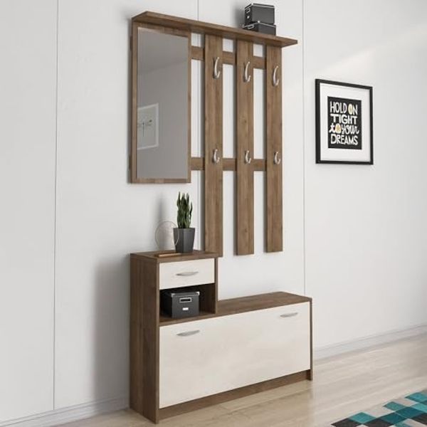 Dmora - Eingangsmöbel Sargassi, Moderner Eingang, Wandgarderobe, Multifunktions-Aufbewahrungskonsole, 100x26h190 cm, Weiß und Eiche
