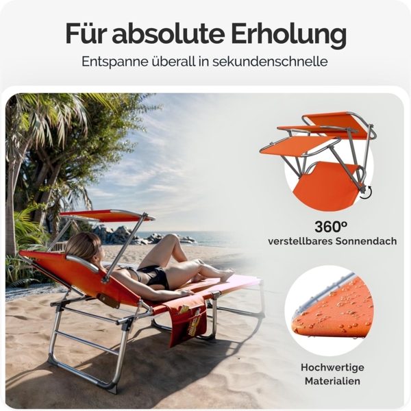 Casaria® 2er Set Sonnenliege Klappbar Wetterfest Gartenliege Mit Dach Seitentasche Tragegriff bis 150kg 190cm Aluminium 2 Personen Liegestuhl Orange Bild 5