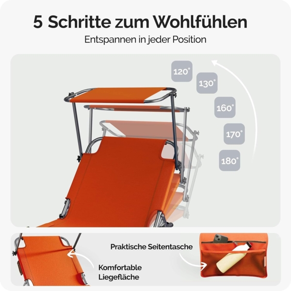 Casaria® 2er Set Sonnenliege Klappbar Wetterfest Gartenliege Mit Dach Seitentasche Tragegriff bis 150kg 190cm Aluminium 2 Personen Liegestuhl Orange Bild 3