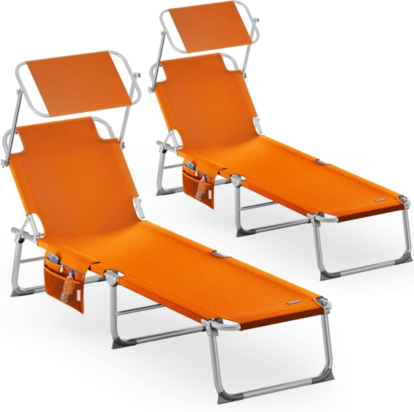 Casaria® 2er Set Sonnenliege Klappbar Wetterfest Gartenliege Mit Dach Seitentasche Tragegriff bis 150kg 190cm Aluminium 2 Personen Liegestuhl Orange