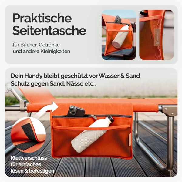 Casaria® 2er Set Sonnenliege Klappbar Wetterfest Gartenliege Mit Dach Seitentasche Tragegriff bis 150kg 190cm Aluminium 2 Personen Liegestuhl Orange Bild 4