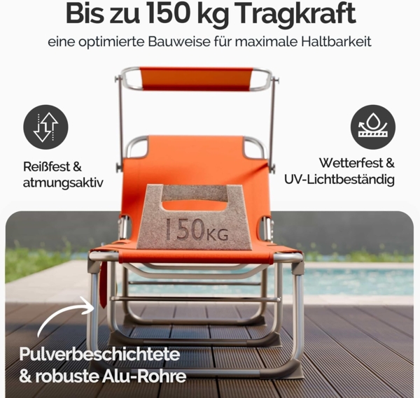 Casaria® 2er Set Sonnenliege Klappbar Wetterfest Gartenliege Mit Dach Seitentasche Tragegriff bis 150kg 190cm Aluminium 2 Personen Liegestuhl Orange Bild 6