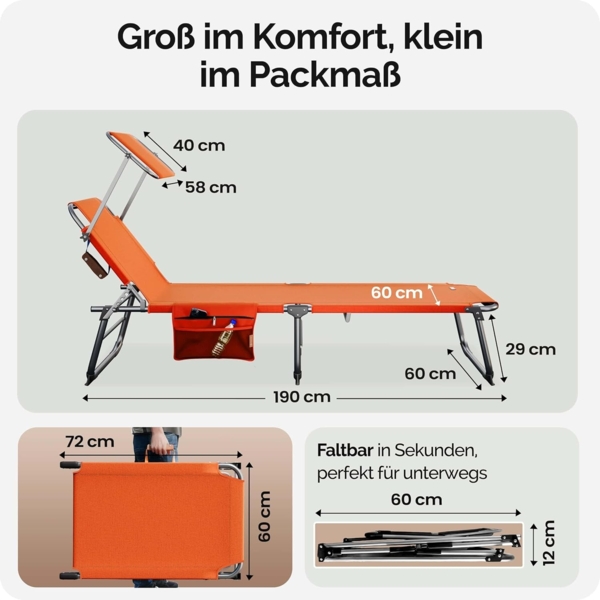 Casaria® 2er Set Sonnenliege Klappbar Wetterfest Gartenliege Mit Dach Seitentasche Tragegriff bis 150kg 190cm Aluminium 2 Personen Liegestuhl Orange Bild 2