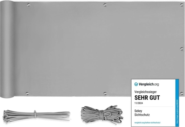 Sekey Balkon Sichtschutz Balkonabdeckung Balkonverkleidung blickdichte Wind- und UV-Schutz, 100% Privatsphäre, mit Ösen, Nylon Kabelbinder und Kordel, Hellgrau 0. 75×3m