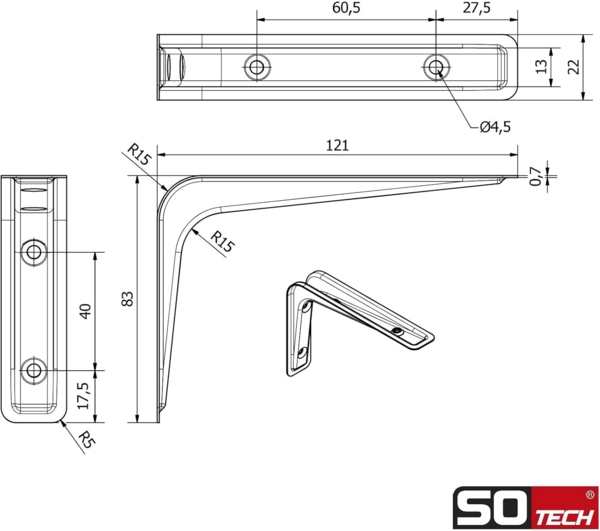 SO-TECH® Wandregalhalter Regalkonsole RK15 Regalwinkel Regalträger Wandkonsole, 2-tlg, Regalhalterung schwarz 121 x 83 mm, 2 Stück Bild 6