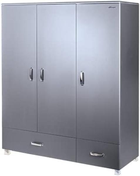 Miami - Kleiderschrank 3türig mit 2 Schubladen, inkl Kleiderstange und 4 Böden, Soft-Close, Autometallic Lackierung, chromfarbene Griffe, Füsse und Logo aus hochwertigem Autoschriftzug, grau