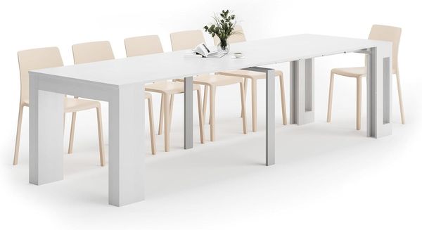 MOBILI FIVER, Ausziehbarer Konsolentisch mit Verlängerungen, Easy, Esche, weiß, Laminiert/Aluminium, Made in Italy