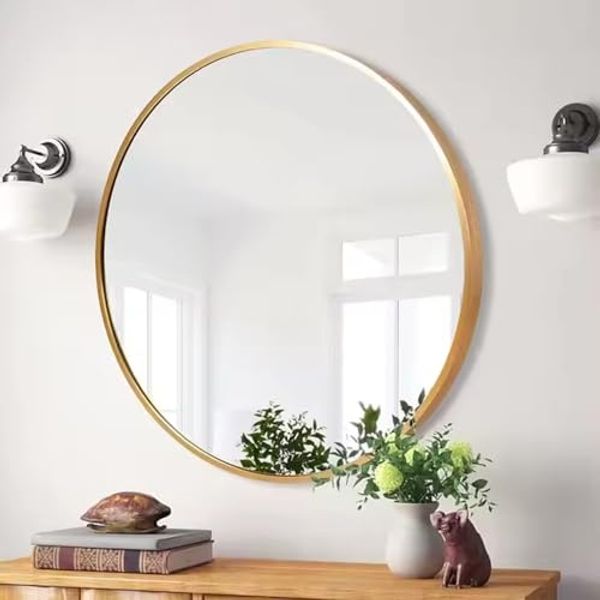 BOURGH Wandspiegel CLARITE Runder Wandspiegel Ø90cm - Spiegel / Dekospiegel Rahmen gold, für Wohnzimmer, Schlafzimmer, Flur & Bad