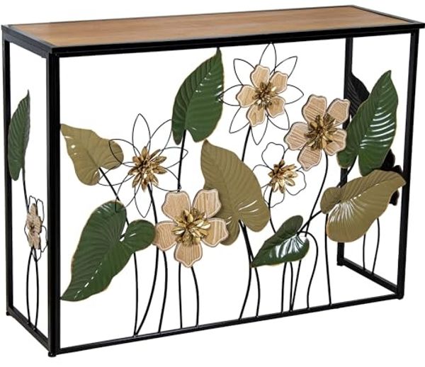 DRW Konsolentisch aus Metall und Holz mit Blumen, ERD- und Grüntöne, 37 x 108 x 80 cm
