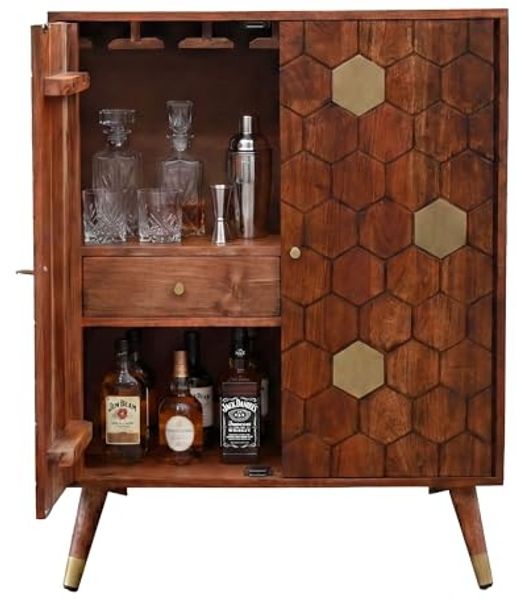 Barschrank Akazie Massivholz 75x96 cm Bar Möbel mit Waben Muster - Design Hausbar mit Türen - Weinschrank mit Glashalter - Getränkeschrank - Holz Bar Wohnzimmer Handmade