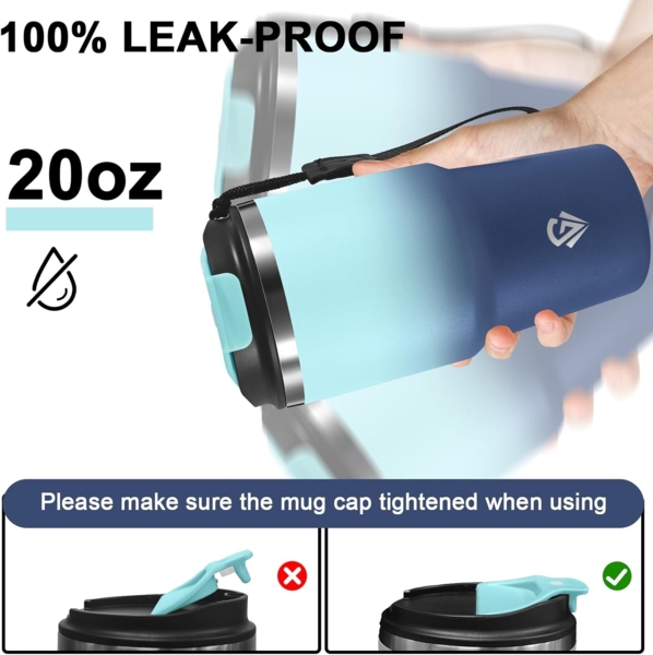 Grsta 20oz Thermobecher Kafferbecher to Go Vakuumisoliert, Trinkbecher Isoliert mit Trageriemen, 8h Heiß und 6h Kalt, Auslaufsichere Thermobecher, Isolierbecher für Heiß Kaltgetränke Bild 4