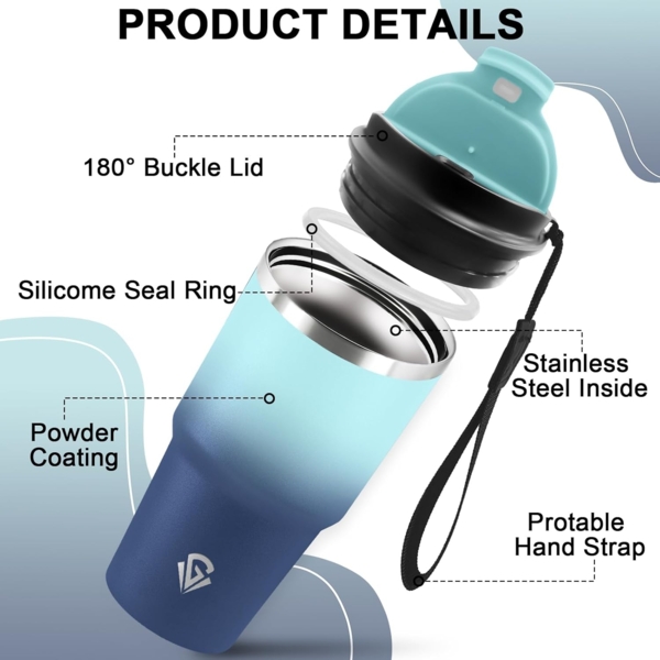 Grsta 20oz Thermobecher Kafferbecher to Go Vakuumisoliert, Trinkbecher Isoliert mit Trageriemen, 8h Heiß und 6h Kalt, Auslaufsichere Thermobecher, Isolierbecher für Heiß Kaltgetränke Bild 2