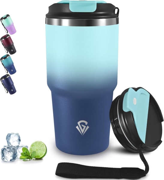 Grsta 20oz Thermobecher Kafferbecher to Go Vakuumisoliert, Trinkbecher Isoliert mit Trageriemen, 8h Heiß und 6h Kalt, Auslaufsichere Thermobecher, Isolierbecher für Heiß Kaltgetränke Bild 1