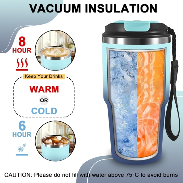 Grsta 20oz Thermobecher Kafferbecher to Go Vakuumisoliert, Trinkbecher Isoliert mit Trageriemen, 8h Heiß und 6h Kalt, Auslaufsichere Thermobecher, Isolierbecher für Heiß Kaltgetränke Bild 5