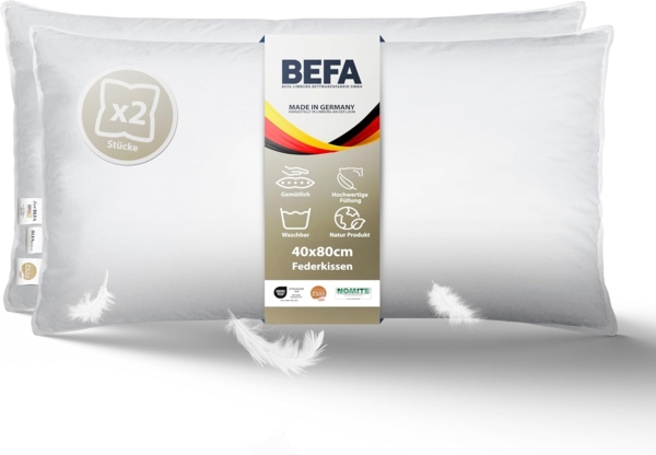 Made in Germany BEFA Natur Kopfkissen 40x80 cm, weiß, Füllgewicht: 750g. Allergiker geeignet (nomite), Öko-Tex 100 Klasse 1 Zertifiziert, Downpass (2 Stück)