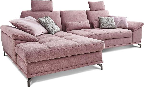 Cavadore L-Form-Sofa Castiel mit Federkern / Großes Schlafsofa in L-Form mit Bettkasten, Sitztiefenverstellung, Kopfstützen und XL-Longchair / 312 x 114 x 173 / Webstoff, Flieder-Rosa