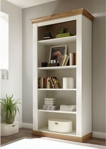 Landhaus Bücherregal LINARES-61 in Pinie weiß / Wotan Eiche Nb. mit 6 Fächern - B/H/T ca. : 102/204/44 cm