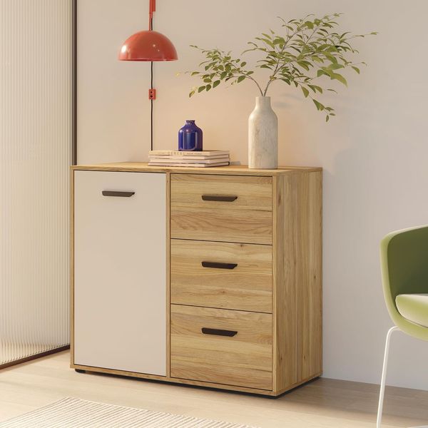Forte MOKKARO Kommode 95, Kommode mit 3 Schubladen und Tür, Sideboard im modernen Stil, Holzwerkstoff, Mauvella Eiche Holzdekor, Kaschmir Beige, 94,7cm breit x 84,9 cm hoch x42 cm tief