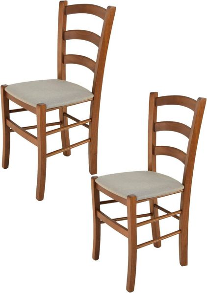 Tommychairs - 2er Set Stühle Venice für Küche und Esszimmer, Struktur aus lackiertem Buchenholz im Farbton helles Nussbraun und gepolsterte Sitzfläche mit Stoff in der Farbe Gämsebraun bezogen