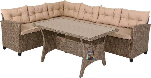 Casaria Gartenlounge-Set Lissabon, Polyrattan WPC Esstisch Eckbank 15cm Kissen 7cm Auflagen Wetterfest