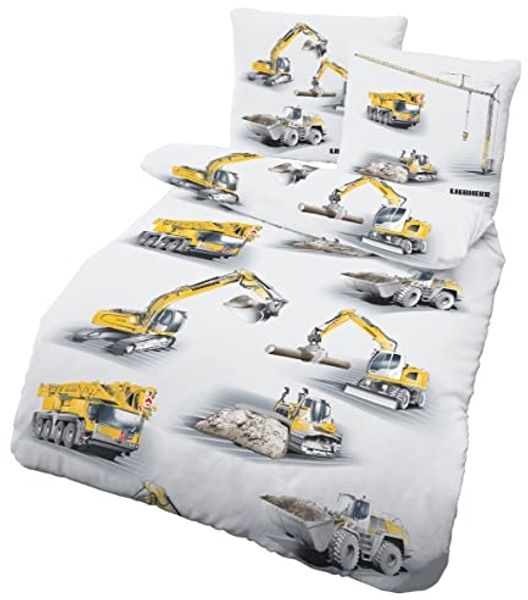 LINKHOFF Kinderbettwäsche Bagger Bettwäsche 135x200 2tlg. - LIEBHERR Baustellenmotive, Biber Bettwäsche-Set, Atmungsaktiv, Kuschelig, Bügelfrei
