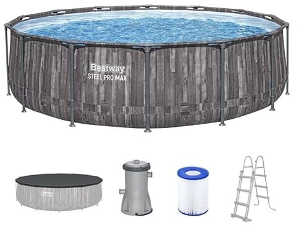 Bestway 5614Z Steel Pro MAX Frame Pool Komplett Set mit Filterpumpe Ø 427x107 cm, Holz-Optik (Mooreiche), rund