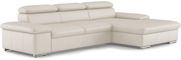 CAVADORE Leder-Schlafsofa Valerie mit XL-Longchair / Eckcouch mit Schlaffunktion, Kopfteilverstellung + großem Longchair / 286 x 73 x 174 / Echtleder Weiß