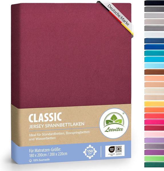 leevitex® Premium Wasserbett & Boxspringbett Spannbettlaken | 100% Baumwolle | 150 g/m² | Markenqualität | Ökotex |180x200 – 200x220 cm - Bordeaux Rot