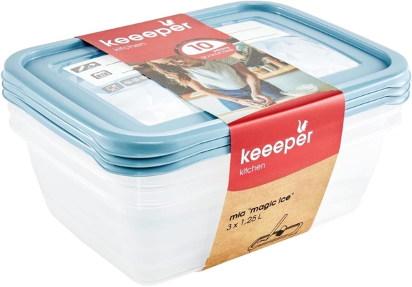 keeeper Tiefkühldosenset 3-teilig, Wiederbeschreibbarer Deckel, 3x1,25 l, 20,5 x 15,5 x 6,5 cm, Mia Magic Ice, Nordic Blue