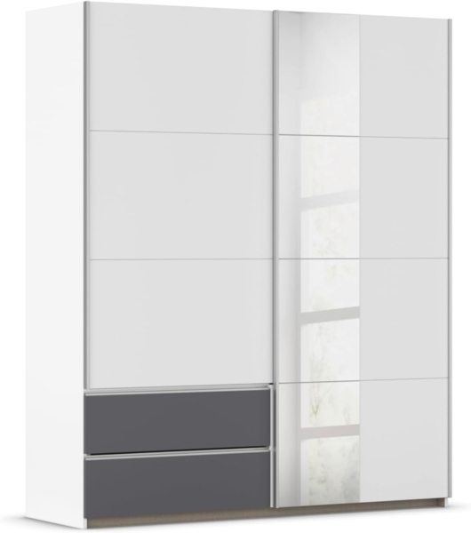 Rauch Möbel Stoke, Schwebetürenschrank, Garderobe, 2-türig, Spiegel, 2 Schubladen, Zubehör Classic, 4 Einlegeböden, Farbe Weiß/Grau metallic, Schwarz, Griffleisten Alufarben, 175 x 210 x 59 cm