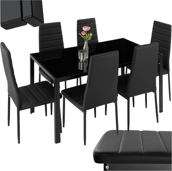 tectake 800551 Esszimmergruppe mit Esstisch und 6 Essstühlen, strapazierfähiges Kunstleder, robuste Tischplatte aus Sicherheitsglas (Schwarz-Schwarz | Nr. 404381)
