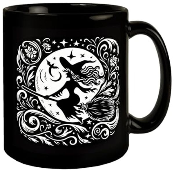 speecheese Tasse Hexe fliegt auf einem Besen im Mondschein Tasse schwarz in Schwarz