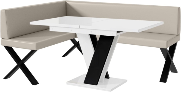 MEBLINI Eckbank für Esszimmer mit ausziehbarem Tisch - Küchenbank - Essecke - Sitzecke Küche - TONI - X-Beine 128x168x87cm Links - Beige Kunstleder/M Weiß-Schwarz Hochgl.