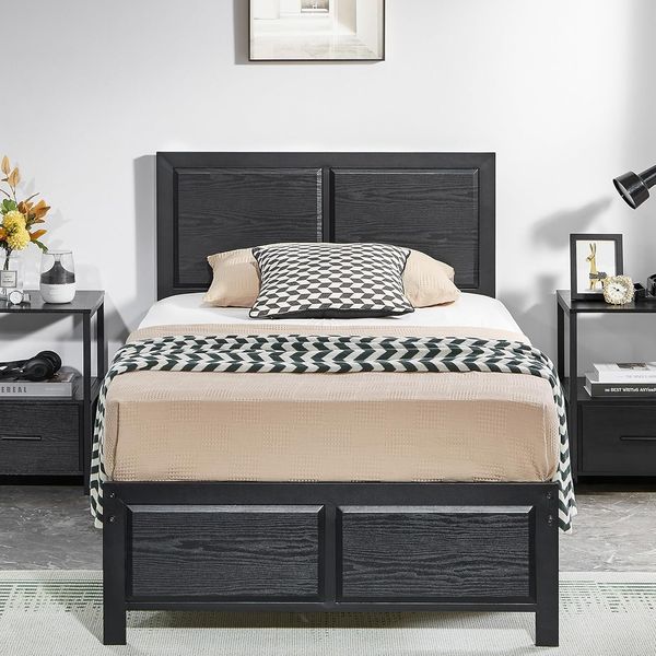VECELO Bettgestell 90x200 cm, Metallbett mit Dick Holzkopfteil und Lattenrost, Modern Gästebett Jugendbett mit Stauraum Unter Dem Bett, Perfekt für Schlafzimmer, Schwarz