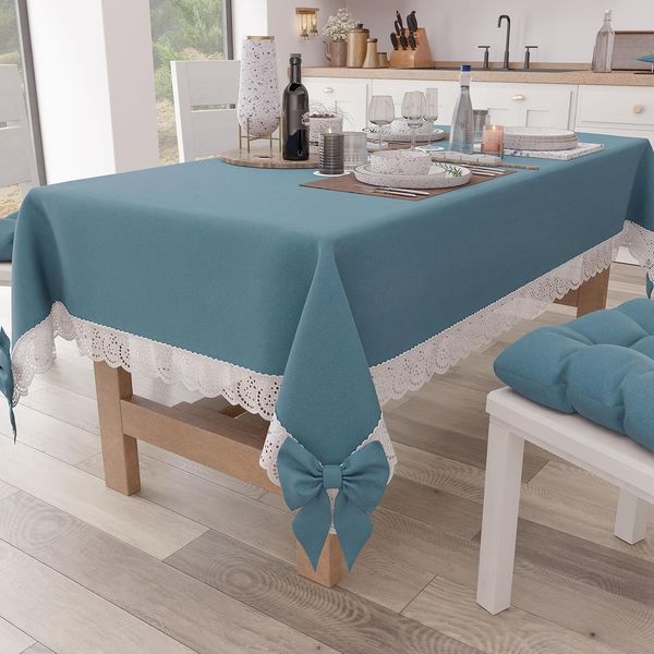 PETTI Artigiani Italiani - Tischdecke, Tischdecke, rechteckige Küchentischdecke mit Sangallo-Spitze und Schleifen, Tischdecke einfarbig aus Baumwolle, X6-Sitzer (140x180 cm) Avion