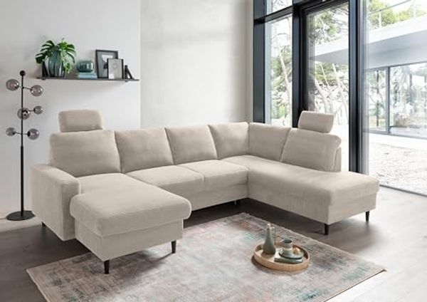 Wohnlandschaft >Pris< U-Form, Funktionenn, cord beige - 153x305x75x200 (LxBxHxT)